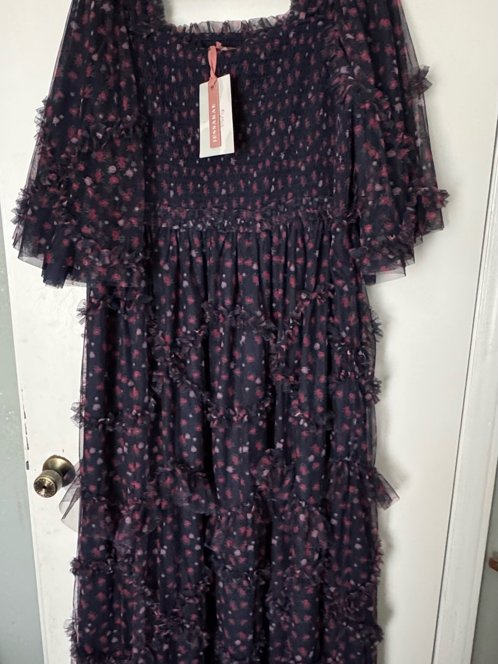 NWT JessaKae Navy Blue Smocked Floral Square-Neck Tunic with Pink Print - Picture 2 of 7